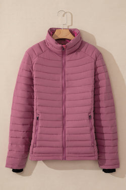 Burgundy solid color quilted zipped down jacket