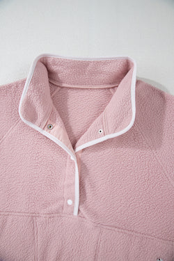 Fushia Plush Sweatshirt with Stand-Up Collar and Half-Button Zip Pocket