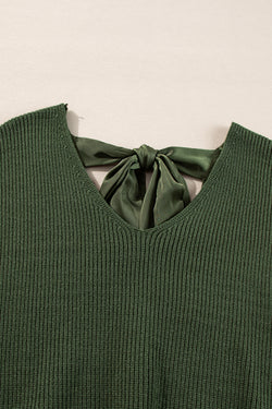 Jungle green sweater with lantern sleeves, V-neck, knot at the back