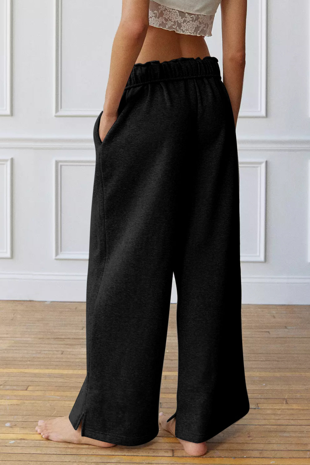 Black elastic high elastic waist surface pants with tightening cord