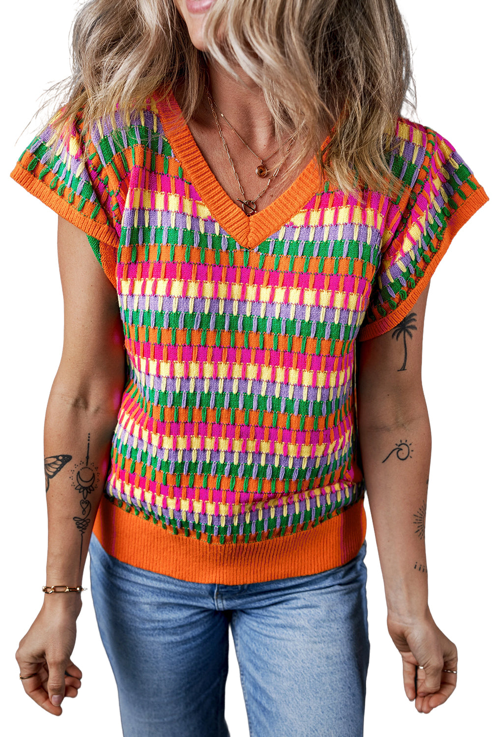 Orange Multicolor Flutter Sleeve Knitted Sweater Top