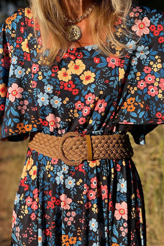 Sky blue floral long dress with knotted back and square neck