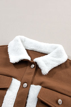 Chestnut corduroy fuzzy jacket with contrasting color blocks and patchwork