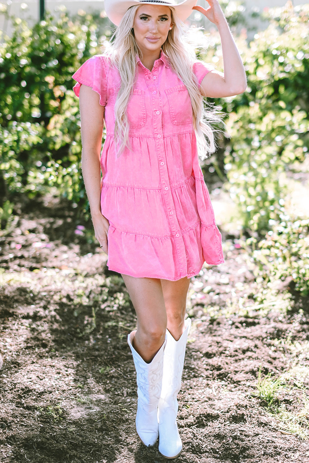 Robe en chambray à volants délavé minéral Bonbon