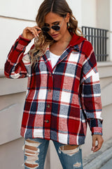 Bright red hooded jacket checkered buttoned on the front