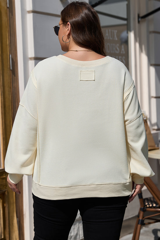 Sweat-shirt blanc à épaules tombantes en tricot gaufré de couleur unie, grande taille