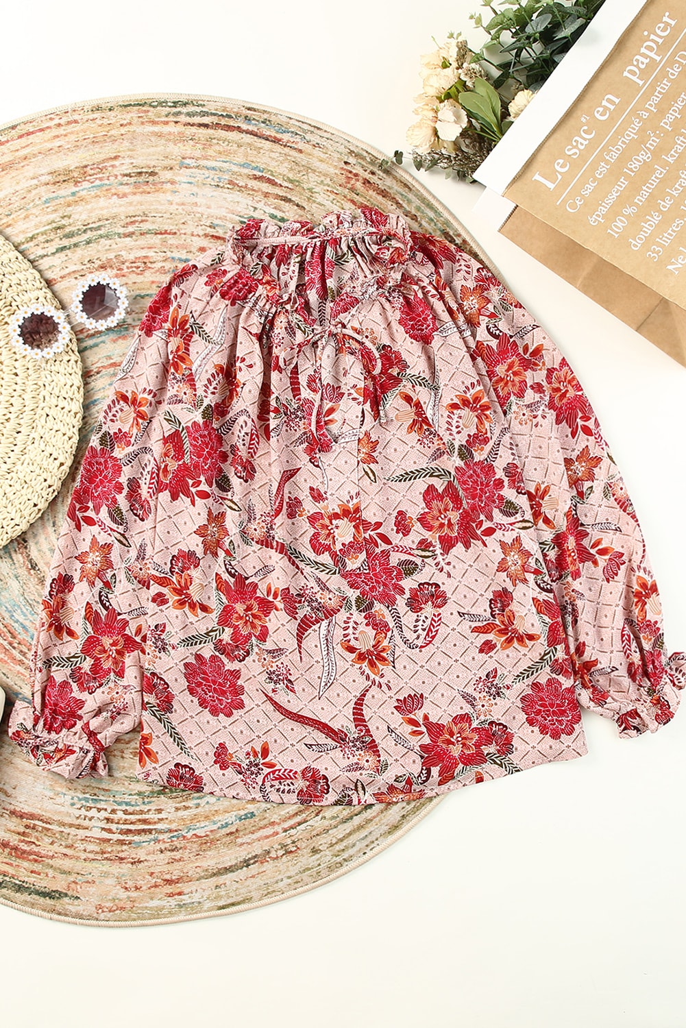 Blouse imprimée rose fendue à col en V-A WOMAN WE LOVE