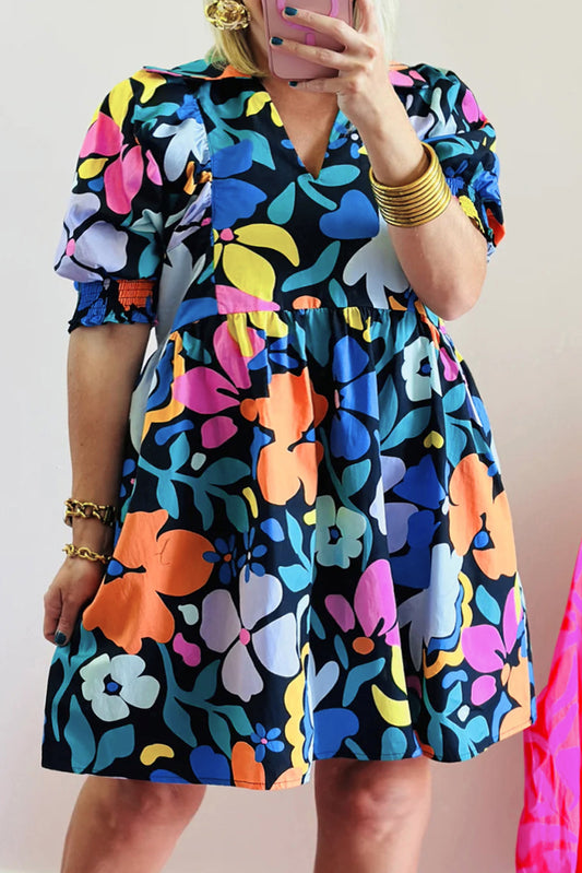 Neck Blue Split Collet Plus Floral Dress