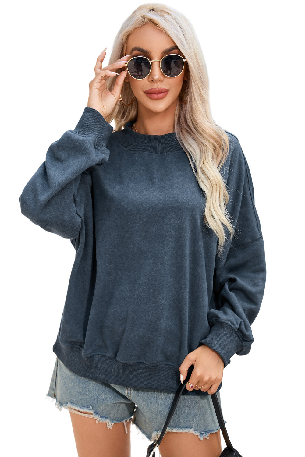 Sky Blue Drop Shoulder Crew Neck Pullover Sweatshirt