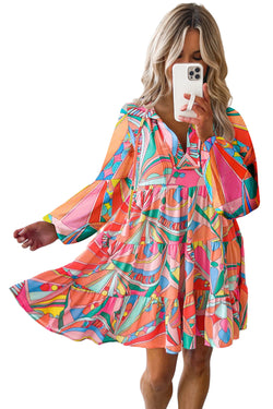 Multicolored geometric print ruffled slit neck mini dress