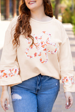 Plus Size Beige Floral Patch Side Slit Crew Neck Top