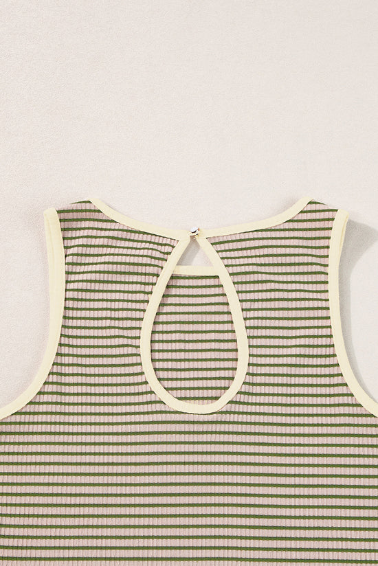 Green Striped and Printed Ribbed Knit Sleeveless Top