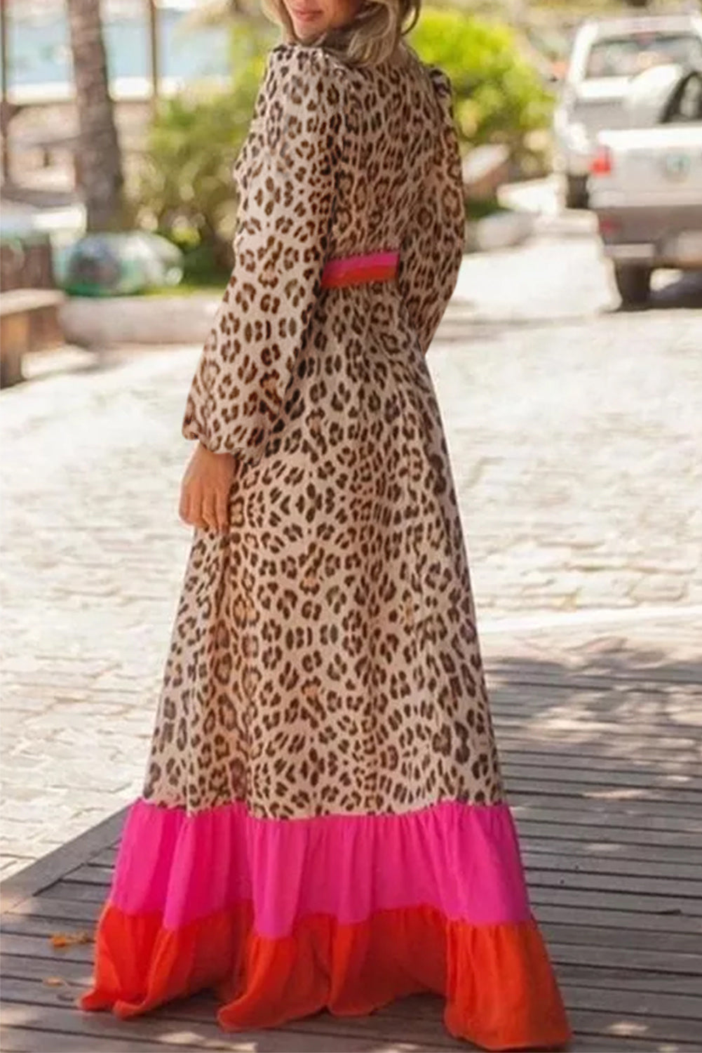 Bloque de color de leopardo marrón V Cuello suelto MAXI Vestido