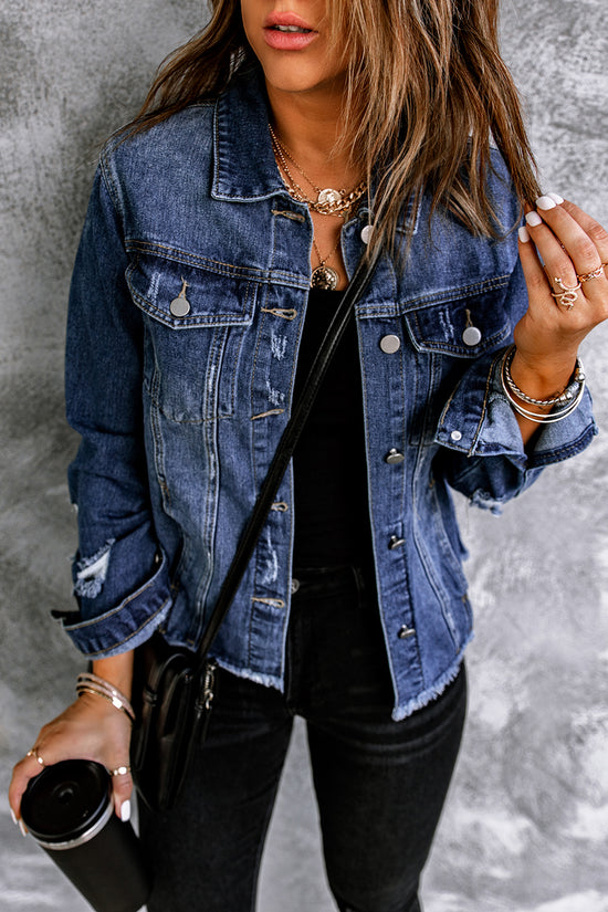 Blue distressed denim jacket with lapels and raw hem buttons