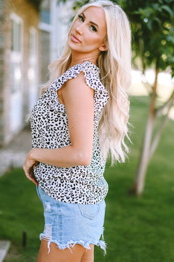 Sleeveless V-neck top with leopard ruffle shoulders