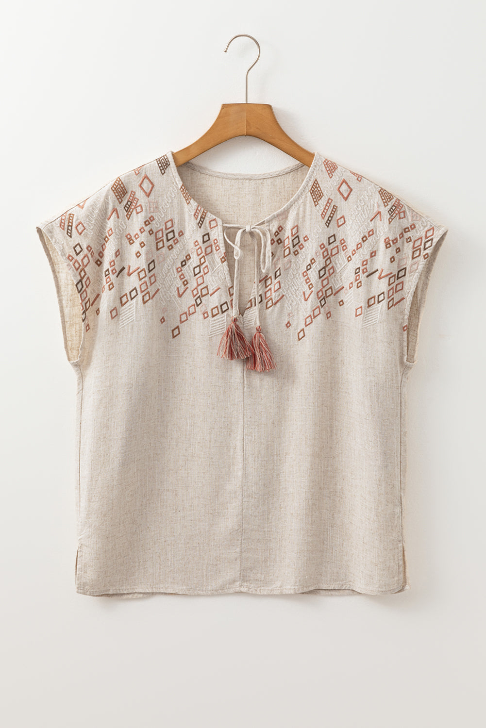 Chemisier Décontracté à Broderie Géométrique et Pampilles *