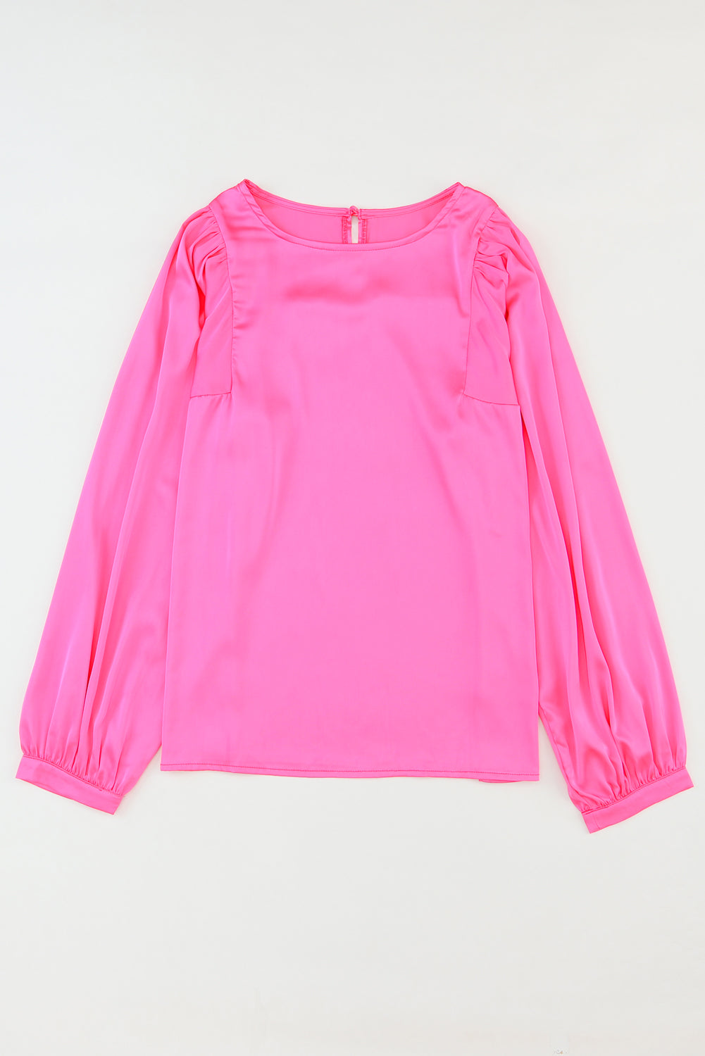 Pink Satin Puff Langarm Crewneck Bluse