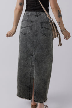 Jupe longue taille haute en denim gris foncé avec ourlet brut et fente dans le dos