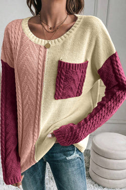 Color Block sweater with plated pockets and drooping shoulders