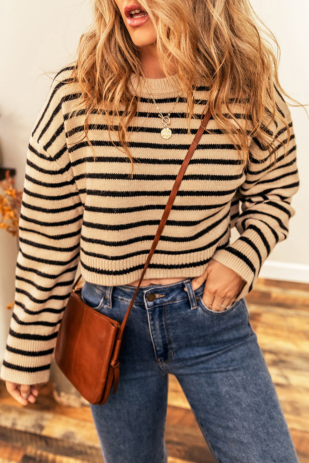 Light French Beige Striped Knit Crew Neck Drop Shoulder Cropped Sweater