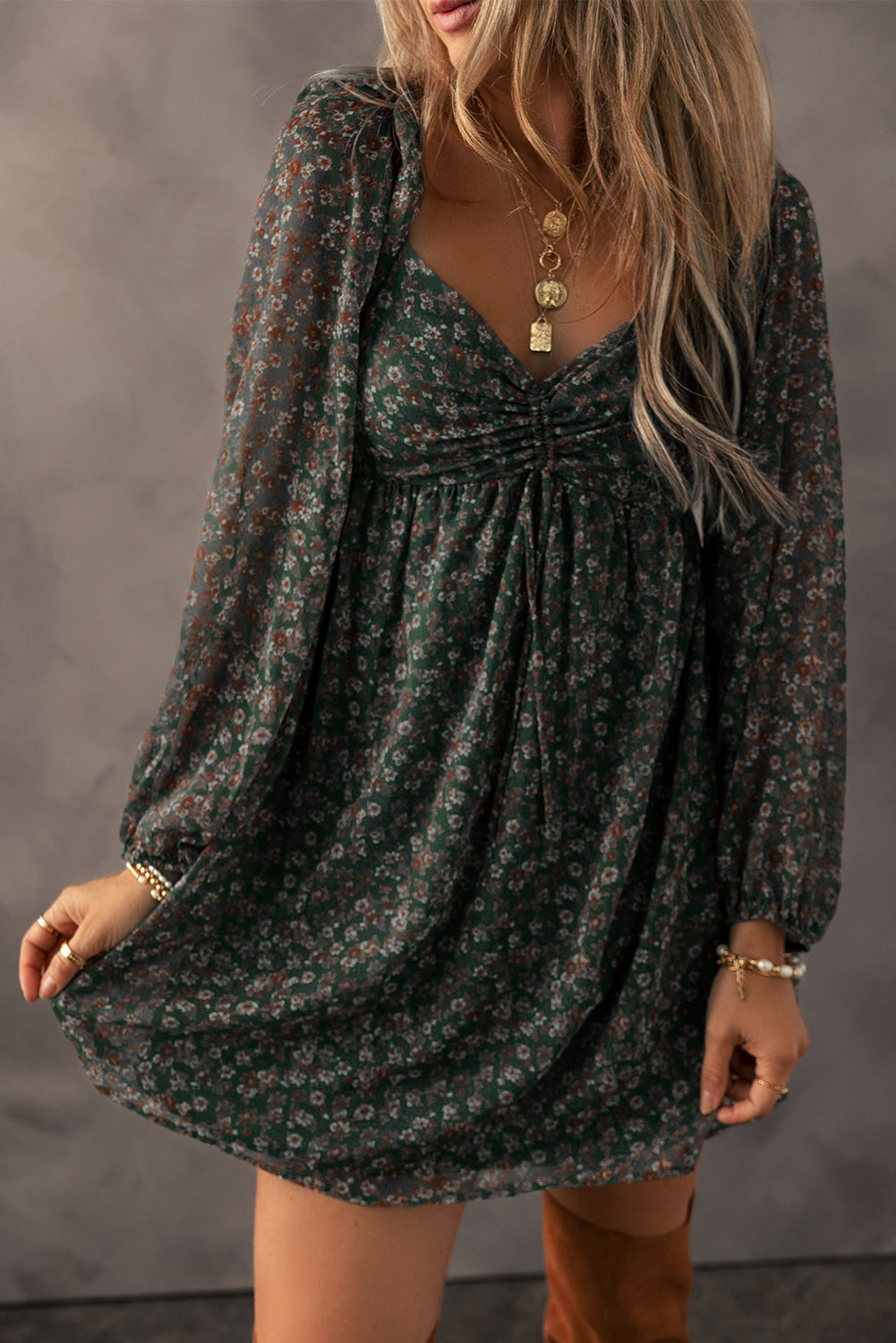 Green Floral Print Mini Dress with Ruched Sweetheart Neckline at Back