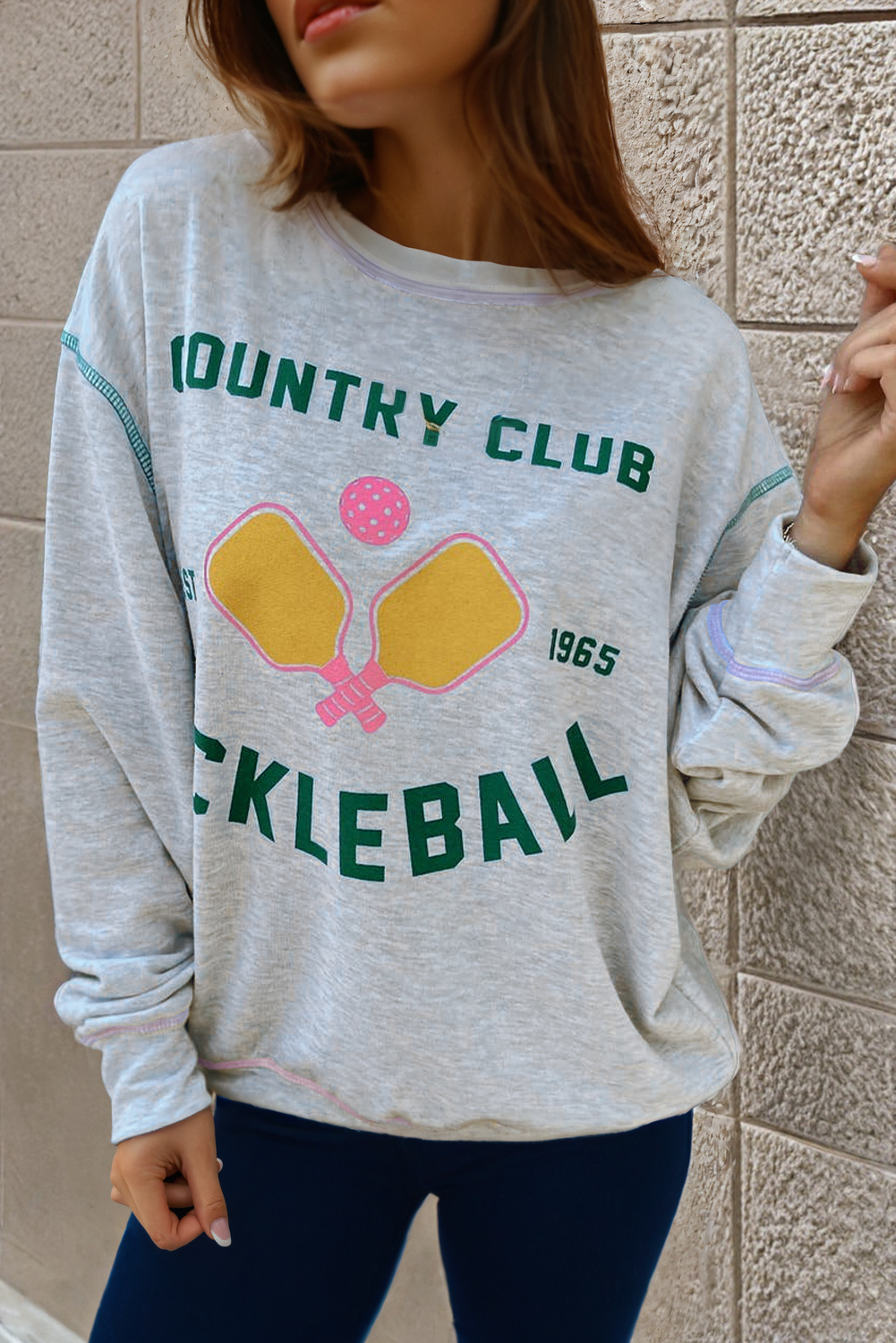 Sweat-shirt décontracté gris clair COUNTRY CLUB PICKLEBALL avec coutures apparentes