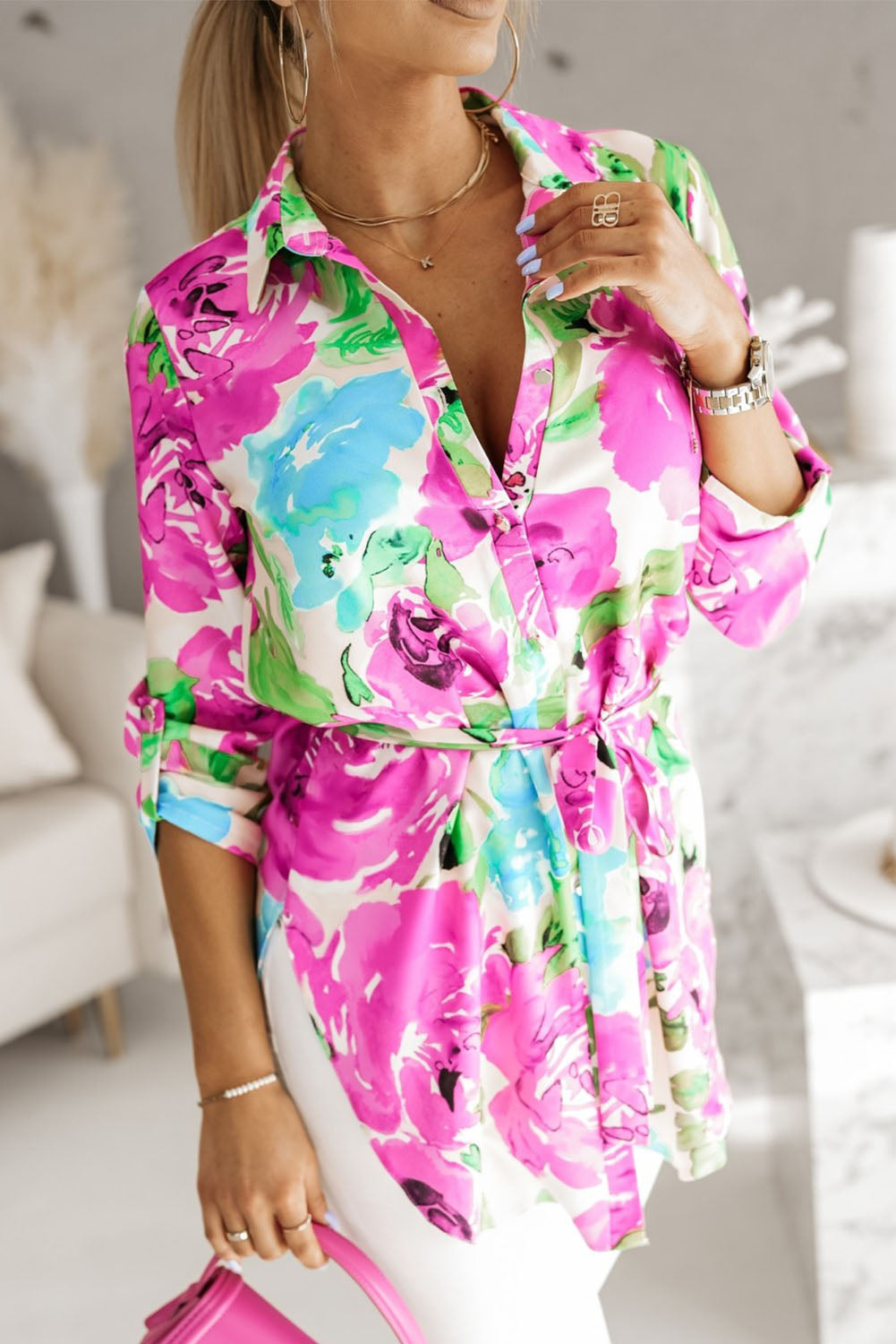 Purple Floral Print Lace-up Roll Tab Sleeve Tunic Shirt