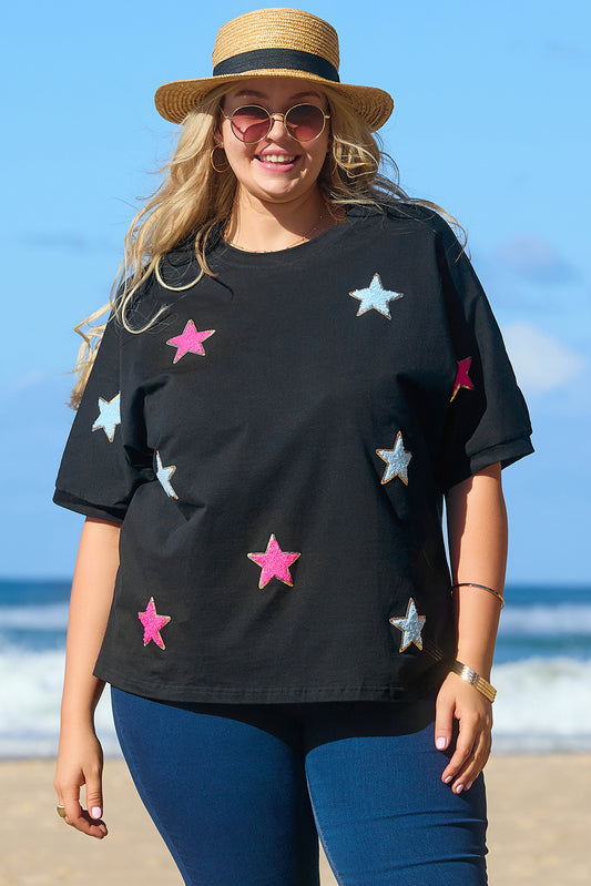 T-shirt noir à paillettes et motif étoile en chenille, grande taille