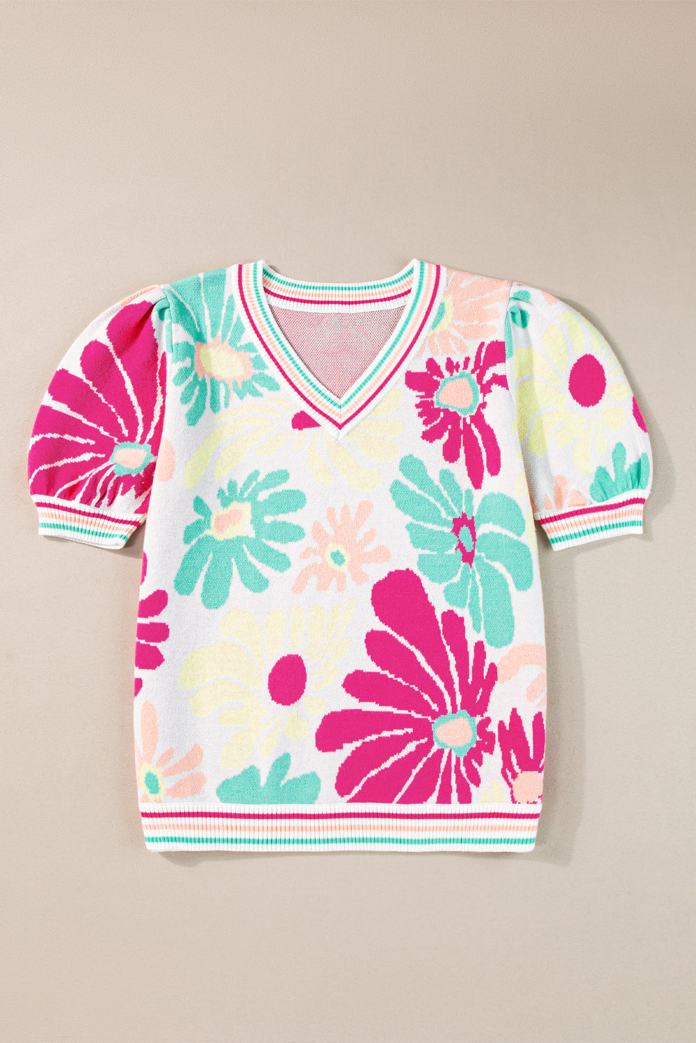 Multicolor sweater with short sleeves and V -collar with floral print