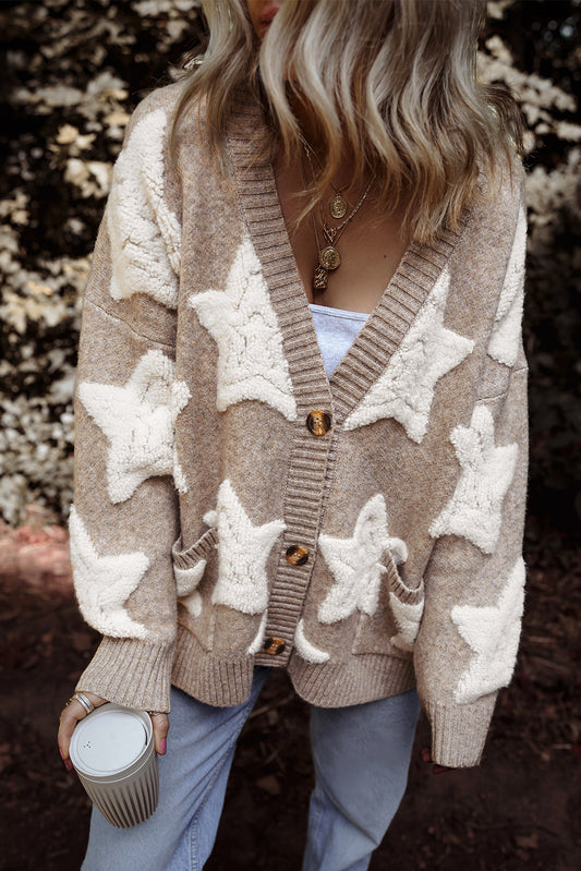 Khaki Star Pattern Sherpa Textured Sweater Cardigan with Pockets