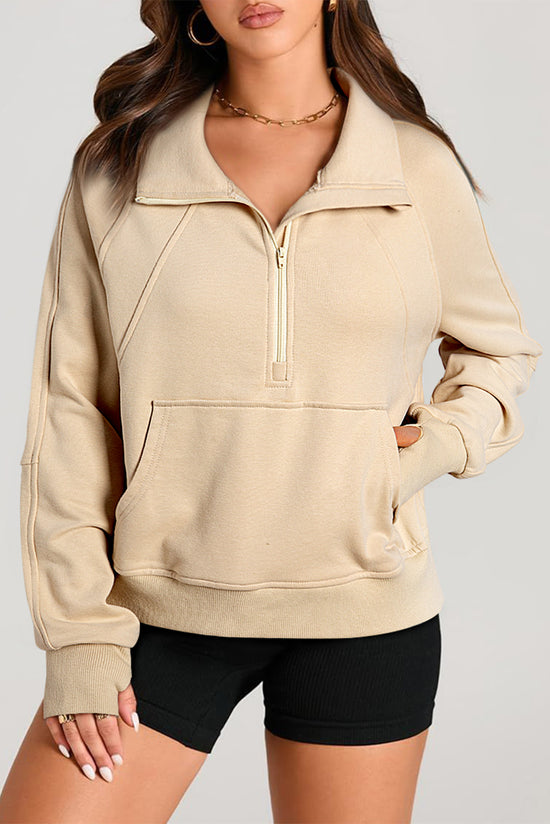 Parchment Mock Neck Sweatshirt with Kangaroo Pocket and Quarter Zip