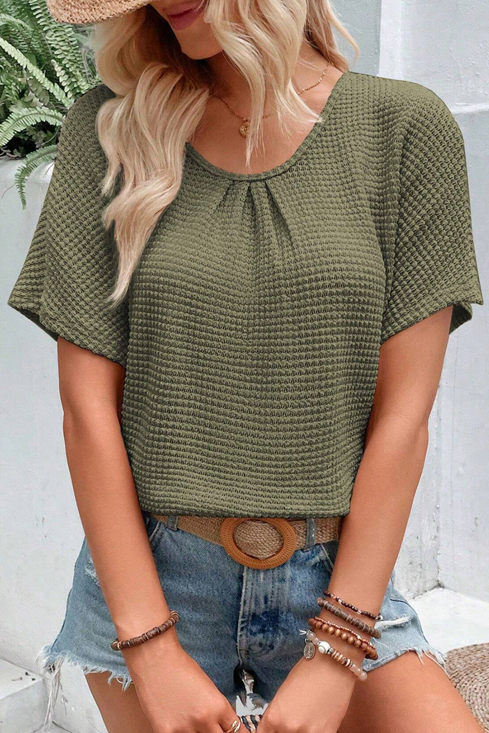 Moss Green Guipure Lace Patch strukturiertes T-Shirt