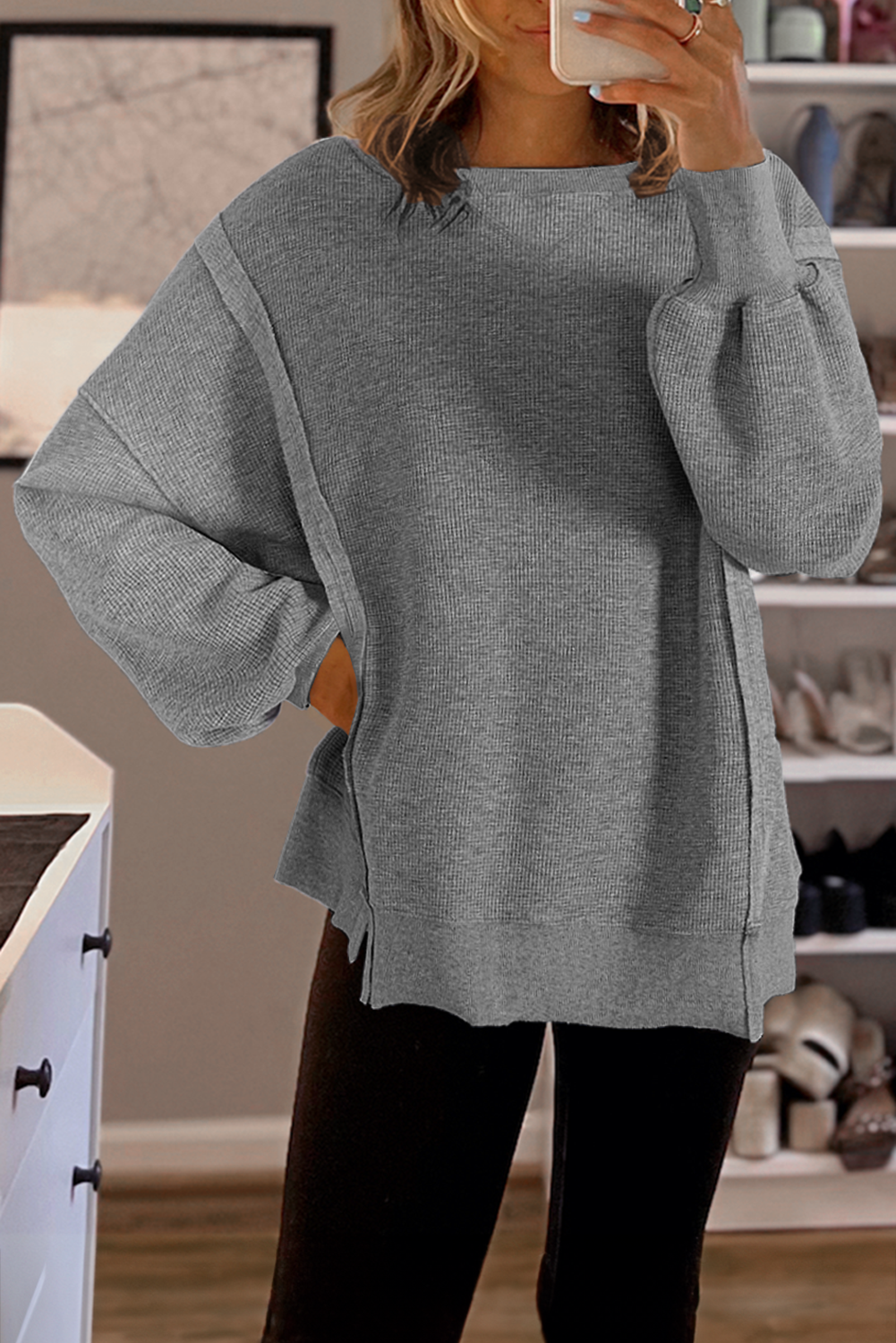 Gray Waffle knit Bishop Sleeve Split Oversized Top