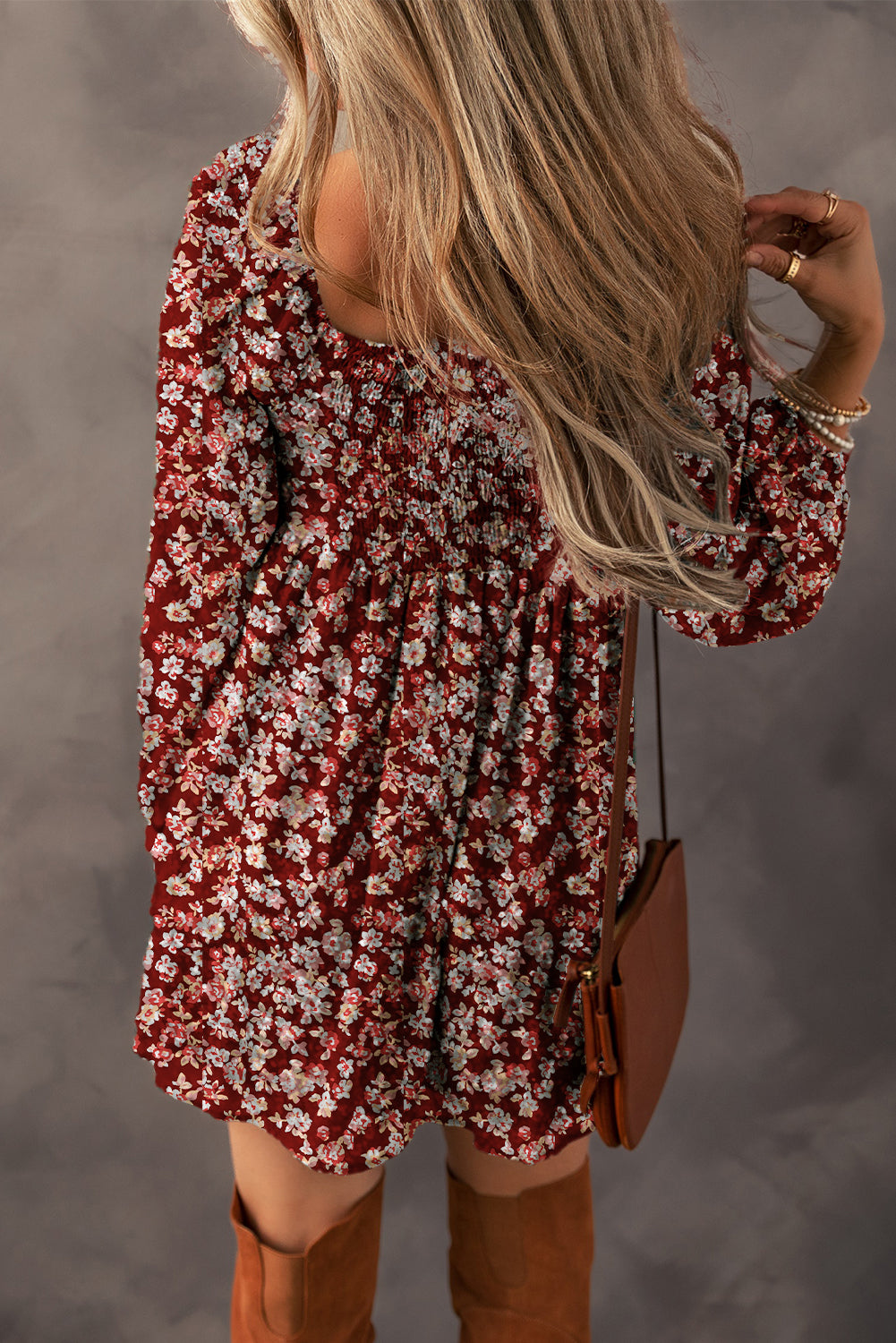 Red Floral Print Sweetheart Neck Shirred Back Mini Dress