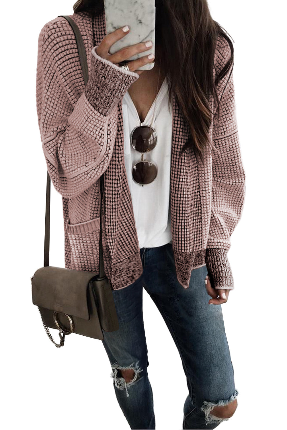 Pink Chunky Waffle Knit Oversized Collar Cardigan