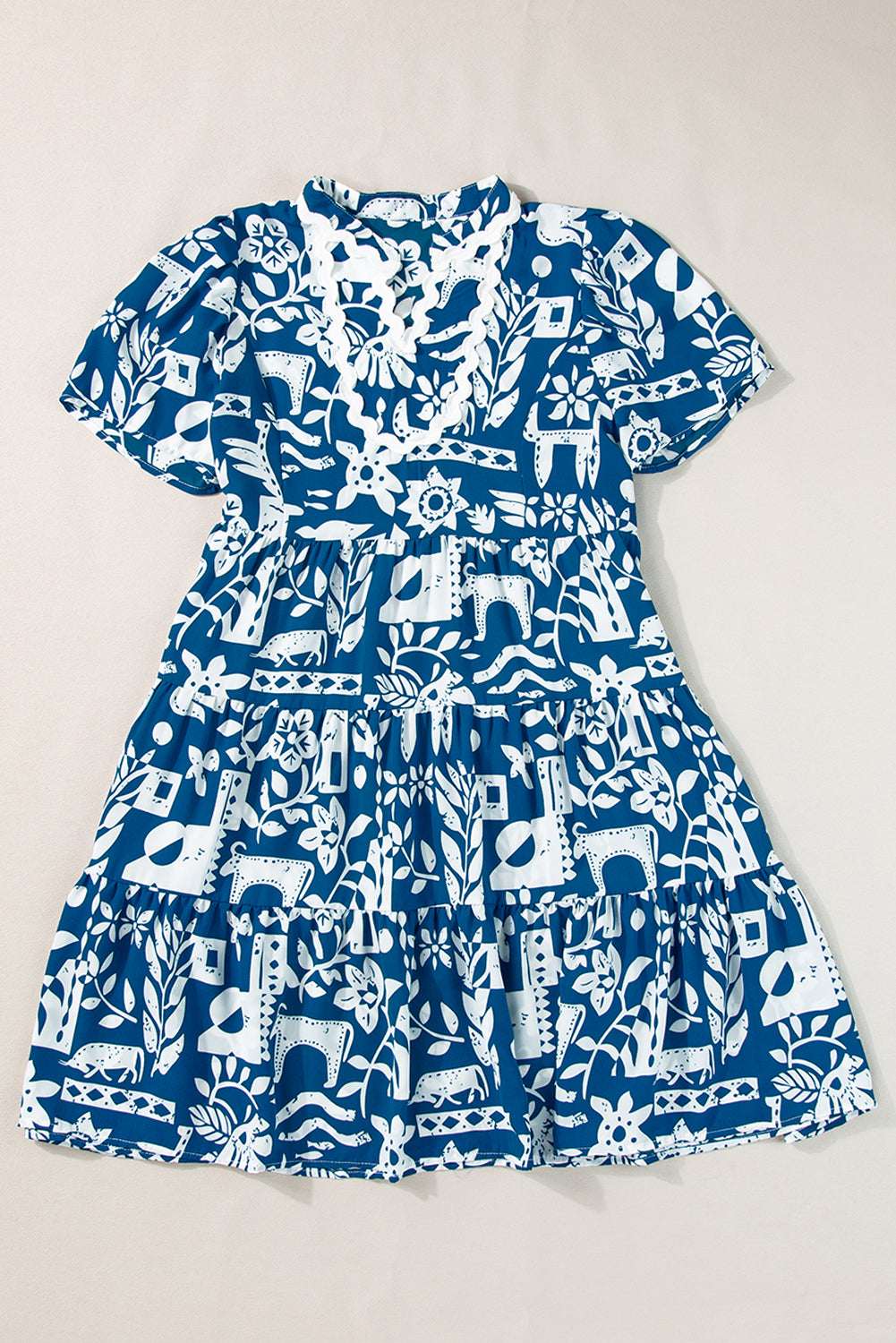 Blue floral loose dress with split collar and Ricrac border