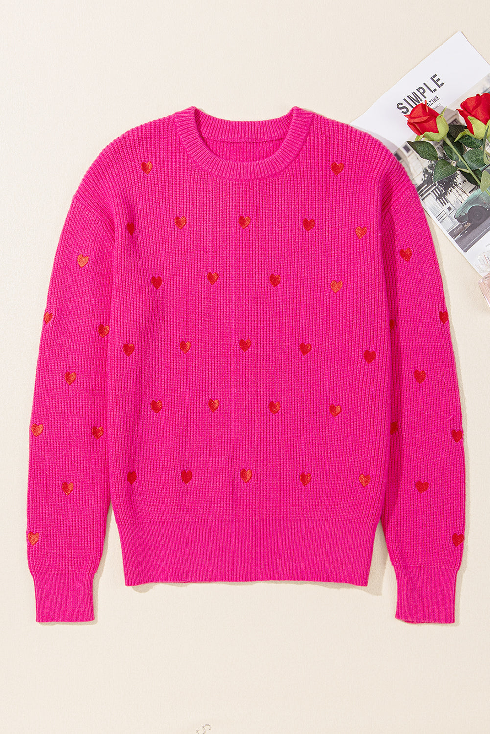 Pink Red Heart Shaped Crew Neck Drop Shoulder Sweater