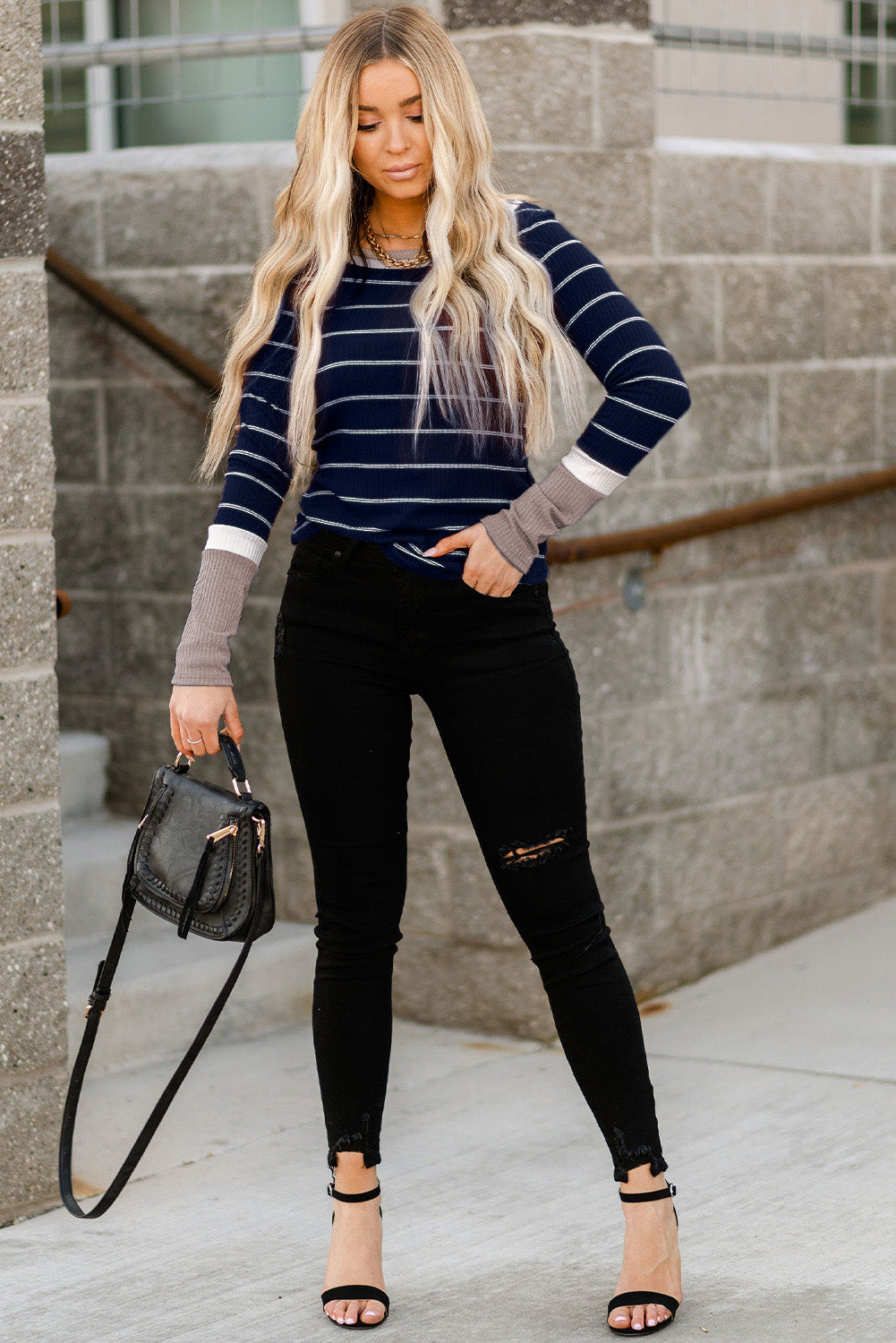 Blue Extend Color Block Cuffs Rib Trizt Striped Pullover