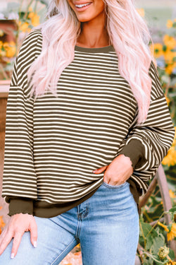 Brown Striped Drop Shoulder Long Sleeve Top