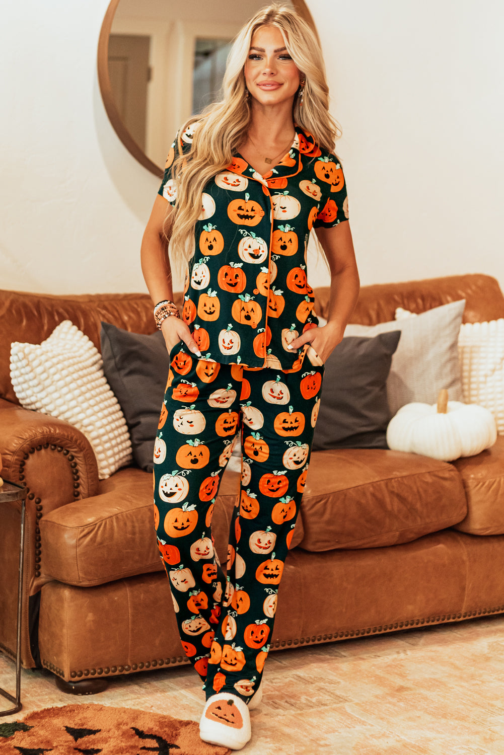 Ensemble pyjama chemise à manches courtes à motif d'Halloween orange