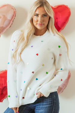 Beige Sequin Heart Waffle Knit Crew Neck Sweater