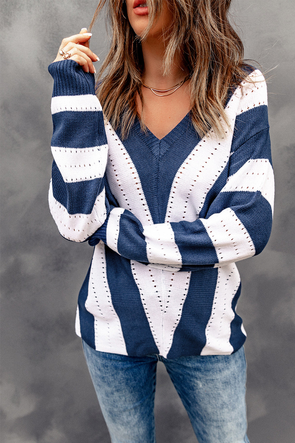 Blue Striped Colorblock V Neck Knitted Sweater