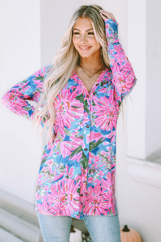 Pink Floral Print Long Sleeve Button Down Cardigan