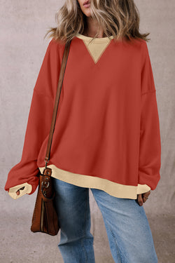 Red Clay Oversized Drop Shoulder Sweatshirt with Color Block Patch