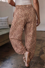 Pantalon sarouel beige foncé léopard à cordon et poches plaquées
