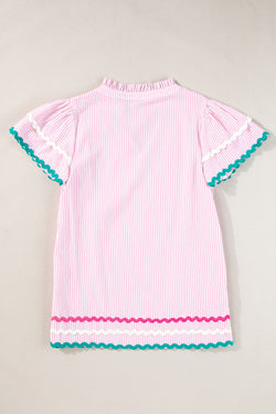 Ricrac striped pink blouse and split collar, striped, ruffle sleeves