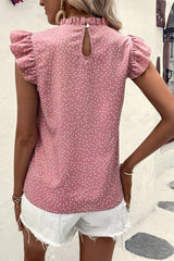 Blouse rose à pois et volants à manches flottantes et col à volants-A WOMAN WE LOVE