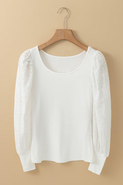 White Floral Puff Sleeve Ribbed Knit Top