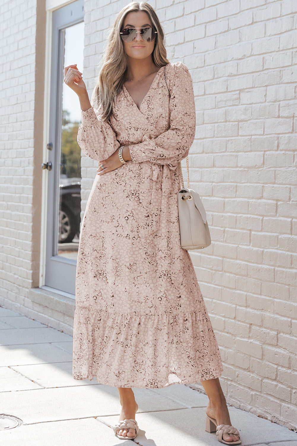 Leopard Surplice Neck Bubble Sleeve Maxi Dress with Sash