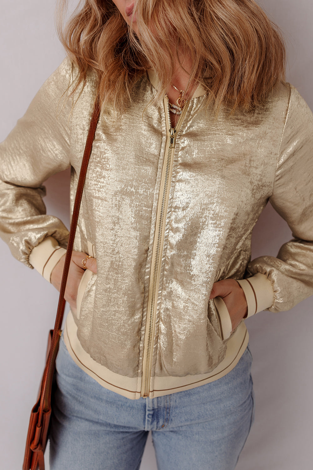 Metallic Pale Khaki Zip-Up Baseball Jacket